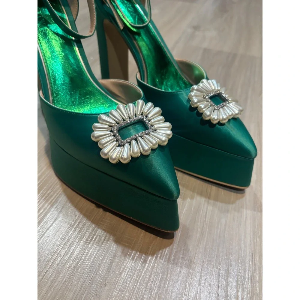 Emerald Green Satin Platform Pumps Pearl Buckle Ankle Strap Block HeelPointedToe